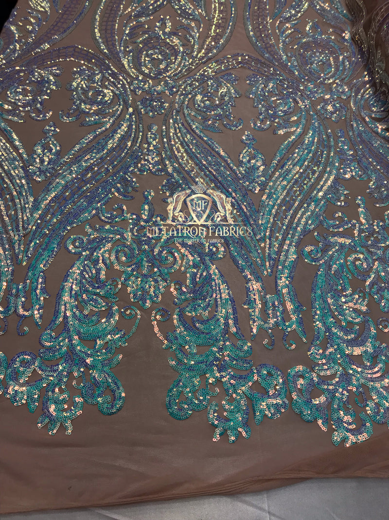 Big Damask Sequins Fabric - Iridescent Aqua - 4 Way Stretch Damask Sequins Design Fabric By Yard