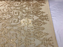 4 Way Stretch - Matte Gold - Sequins Damask Design Fabric Embroidered On Mesh Sold By The Yard