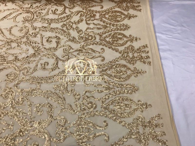 4 Way Stretch - Matte Gold - Sequins Damask Design Fabric Embroidered On Mesh Sold By The Yard