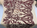 Two Tone Sequins - Burgundy / Nude - 4 Way Stretch Fancy Design Mesh Fabric Sold By The Yard