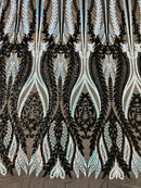 Mermaid Design Sequins Fabric - Black/Blue - Sequins Fabric 4 Way Stretch on Mesh By Yard