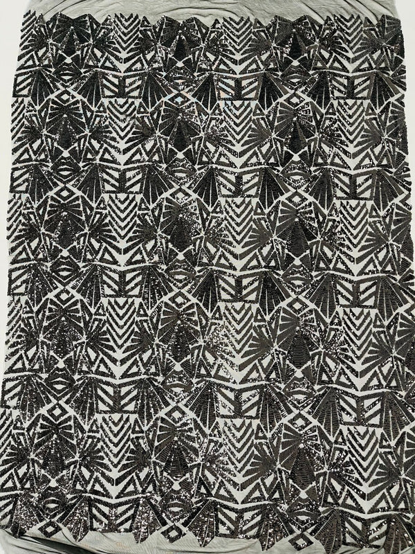 Geometric Fashion Design Sequin - Black - Fancy Sequins Design on Mesh By Yard