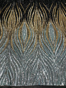 Multi-Color Fabric - Black/Gold/Silver - Feather Shape Sequins Fabric Sold By Yard