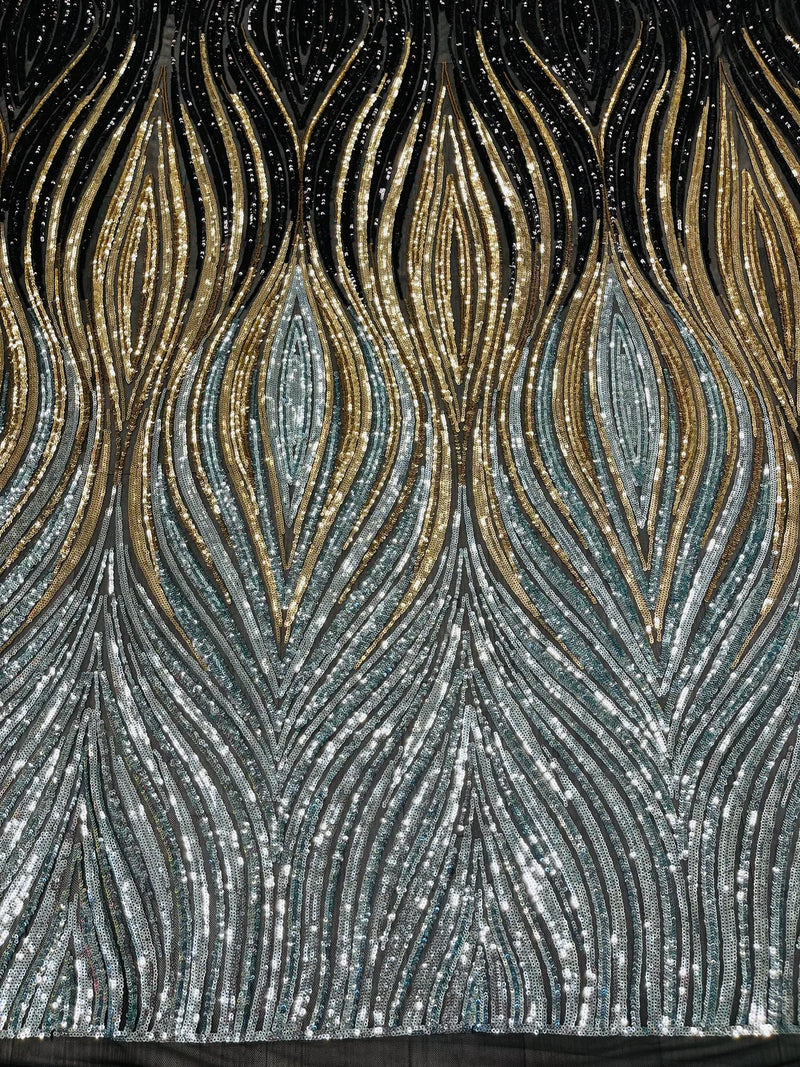 Multi-Color Fabric - Black/Gold/Silver - Feather Shape Sequins Fabric