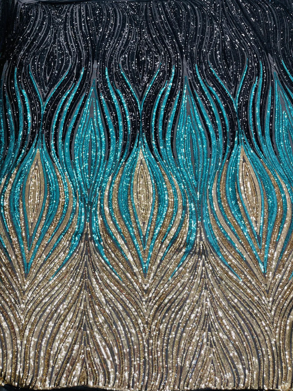 Multi-Color Fabric - Black/Turquoise/Silver - Feather Shape Sequins Fabric Sold By Yard