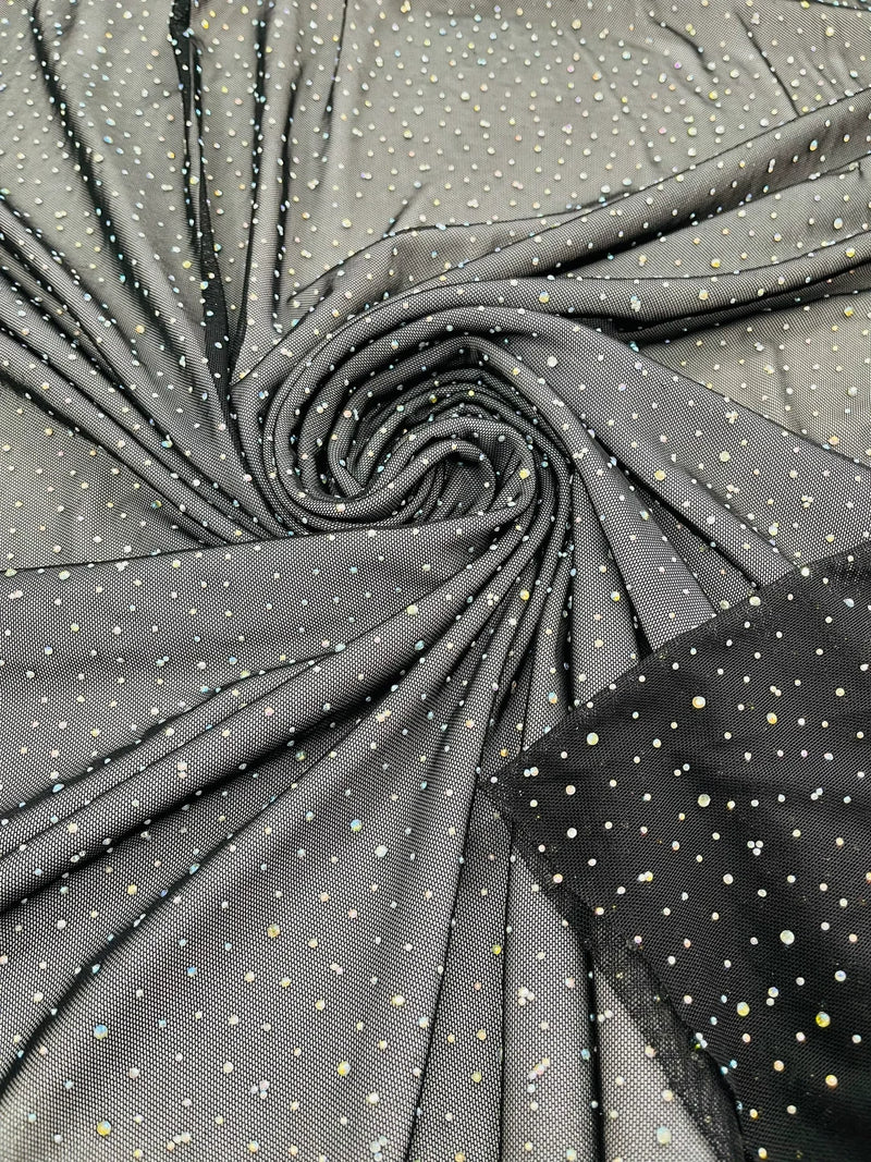 Power Mesh Polyester Rhinestone Fabric - Black - 4 Way Stretch Power Mesh Fabric Crystal Stones By Yard