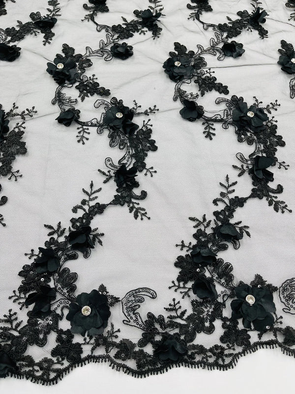 3D Lace Flower Fabric - Black - Embroidered Sequins and 3D Floral Patterns on Lace By Yard