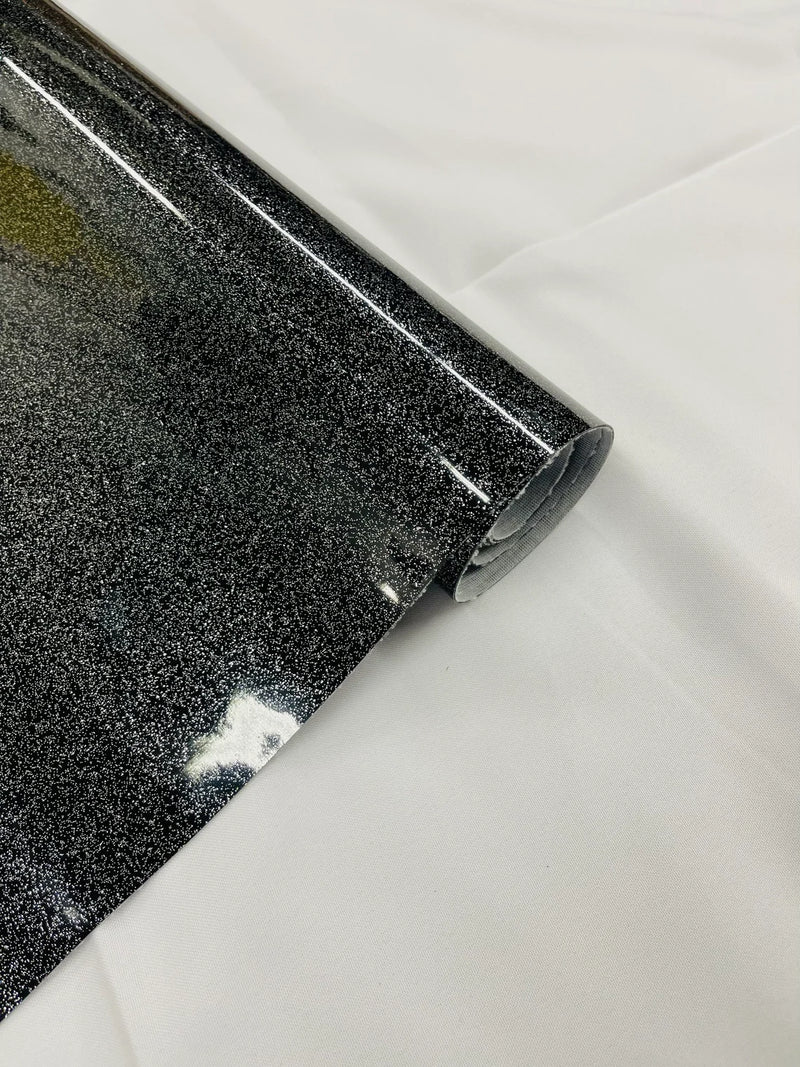 Vinyl Fabric - Black Shiny Sparkle Glitter Leather PVC - Upholstery By The Yard