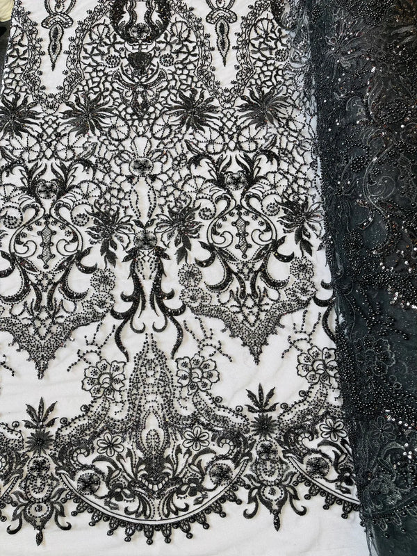 Beaded Fabric by yard - Black - Damask Pattern With Beads and Sequin, Appliqué Lace for Bridal and Prom Dress