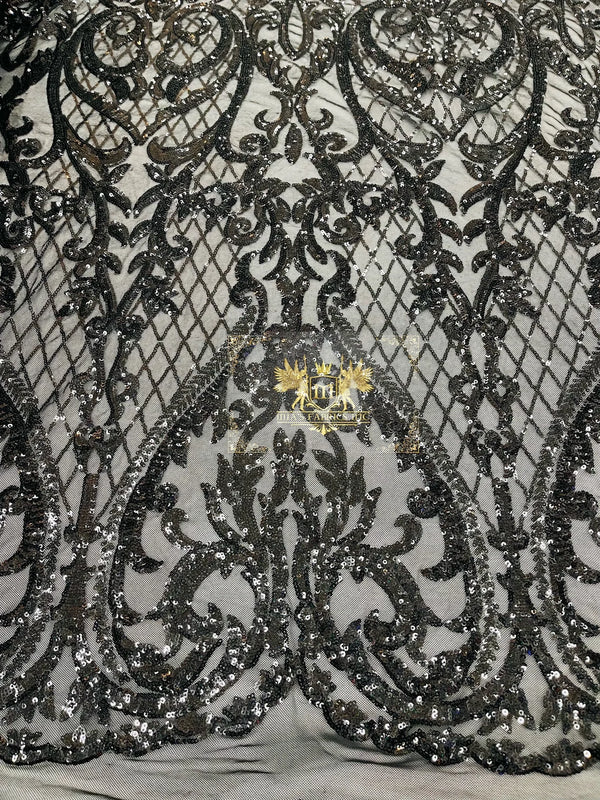 Heart Damask Sequins - Black - 4 Way Stretch Elegant Shiny Net Sequins Fabric By Yard