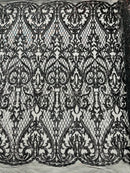 Heart Damask Sequins - Black - 4 Way Stretch Elegant Shiny Net Sequins Fabric By Yard