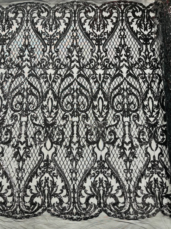 Heart Damask Sequins - Black - 4 Way Stretch Elegant Shiny Net Sequins Fabric By Yard