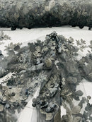 Floral 3D Rose Fabric - Black - Embroided Rose Flower Design Fabric Sold by Yard