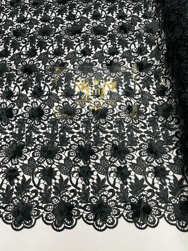 Guipure Floral Lace Fabric - Black - Floral Pearls Guipure Fabric Sold By Yard