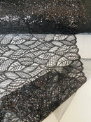Beaded Leaf Designs Fabric - Black - Embroidered Beads in Leaves Pattern Sold By Yard