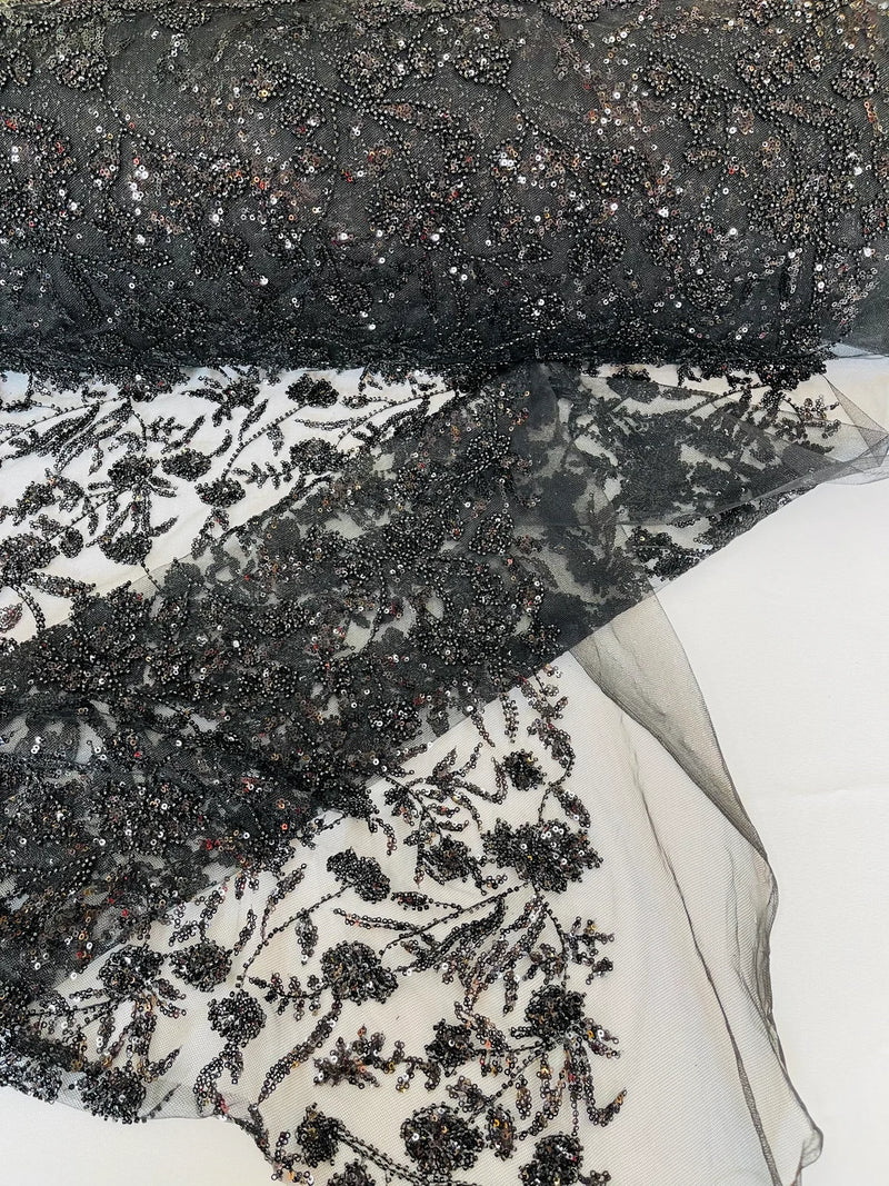Floral Pattern Beaded Fabric - Black - Embroidered Bead & Sequins Wedding Bridal Fabric Sold By The Yard