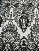 Beaded Fabric by yard - Black - Damask Pattern With Beads and Sequin, Appliqué Lace for Bridal and Prom Dress