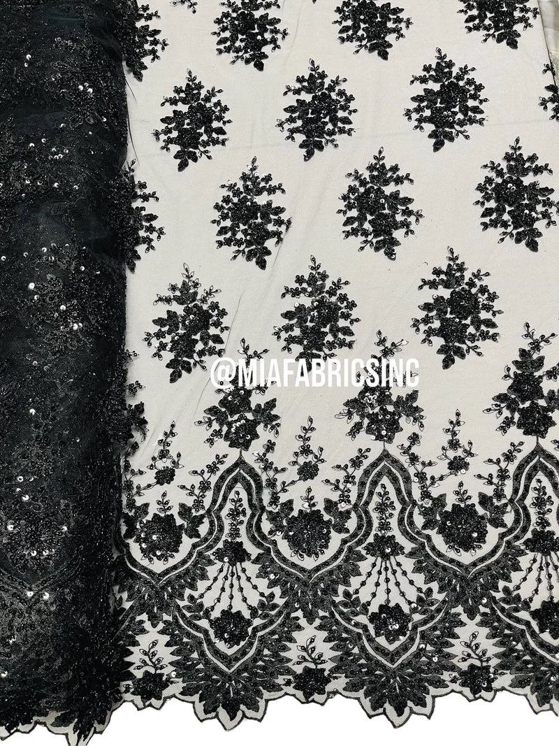 Round Flower Beaded Fabric - Black - Embroidered Fashion Design Beads and Sequins On Mesh by The Yard