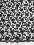 Corded Sequins Flower Lace - Black - Corded Floral Lace With Sequins Sold By Yard