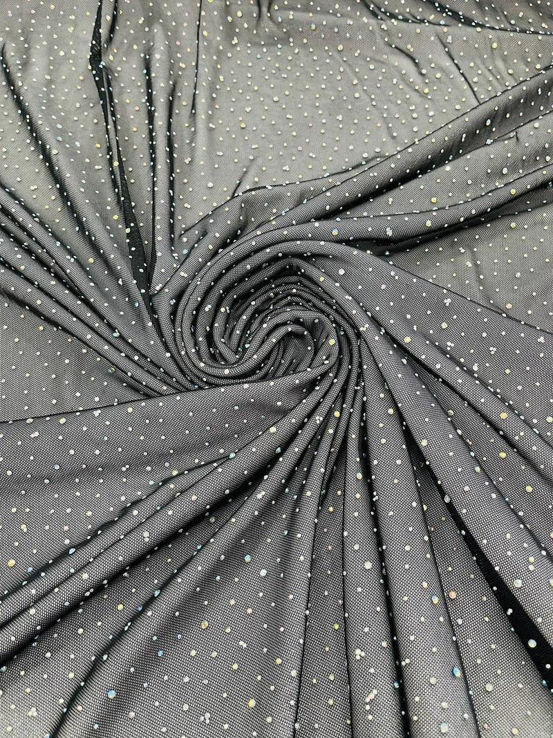 Power Mesh Polyester Rhinestone Fabric - Black - 4 Way Stretch Power Mesh  Fabric Crystal Stones By Yard