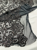 Damask Decor Sequins - Black - 4 Way Stretch Design High Quality Fabric By Yard