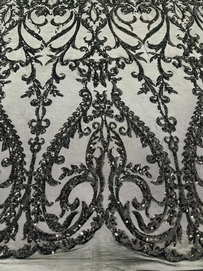 4 Way Stretch - Black - Sequins Damask Design Fabric Embroidered On Mesh Sold By The Yard
