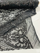 Heart Damask Sequins - Black - 4 Way Stretch Elegant Shiny Net Sequins Fabric By Yard