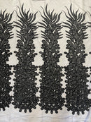 3D Beaded Peacock Feathers - Vegas Design Embroidered Sequins and Beads On a Mesh Lace Fabric - 15 Yard Roll