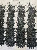 3D Beaded Peacock Feathers - Black - Vegas Design Embroidered Sequins and Beads On a Mesh Lace Fabric (Choose The Panels)
