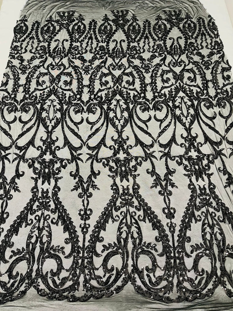 4 Way Stretch - Black - Sequins Damask Design Fabric Embroidered On Mesh Sold By The Yard