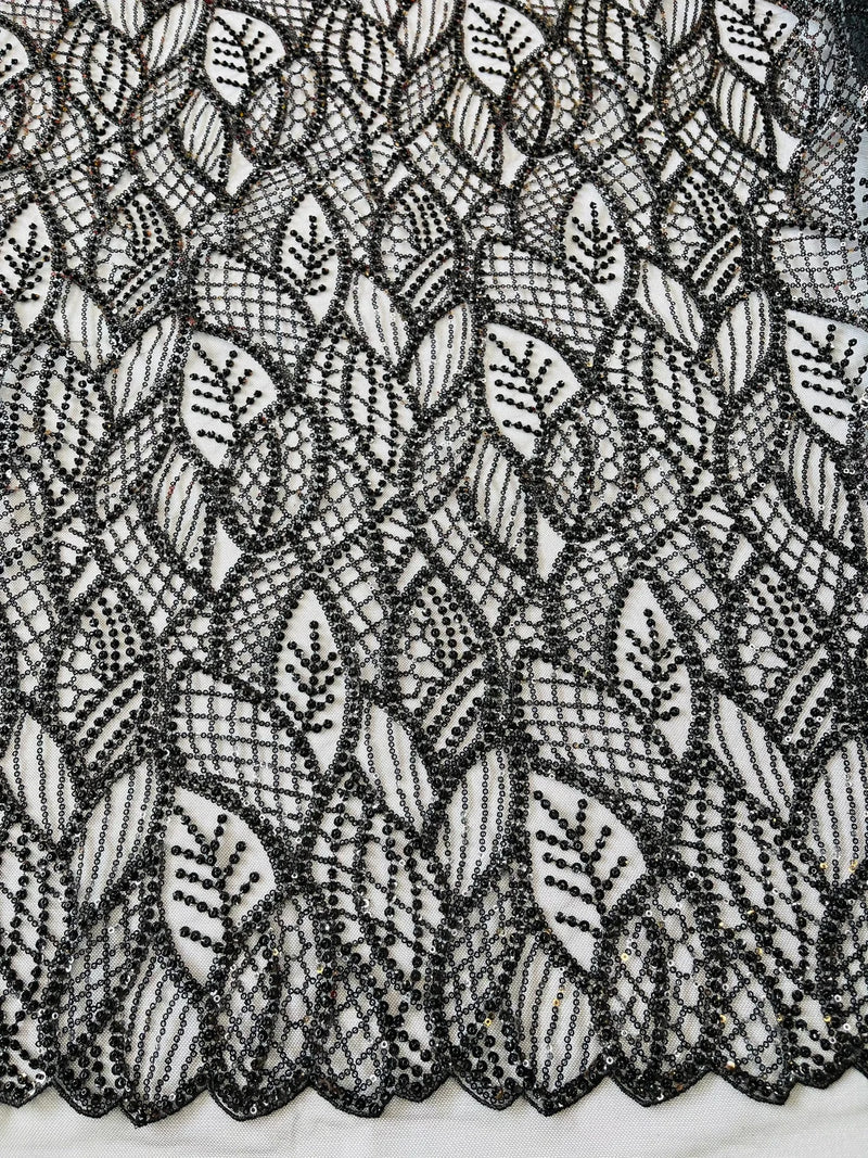 Beaded Leaf Designs Fabric - Black - Embroidered Beads in Leaves Pattern Sold By Yard