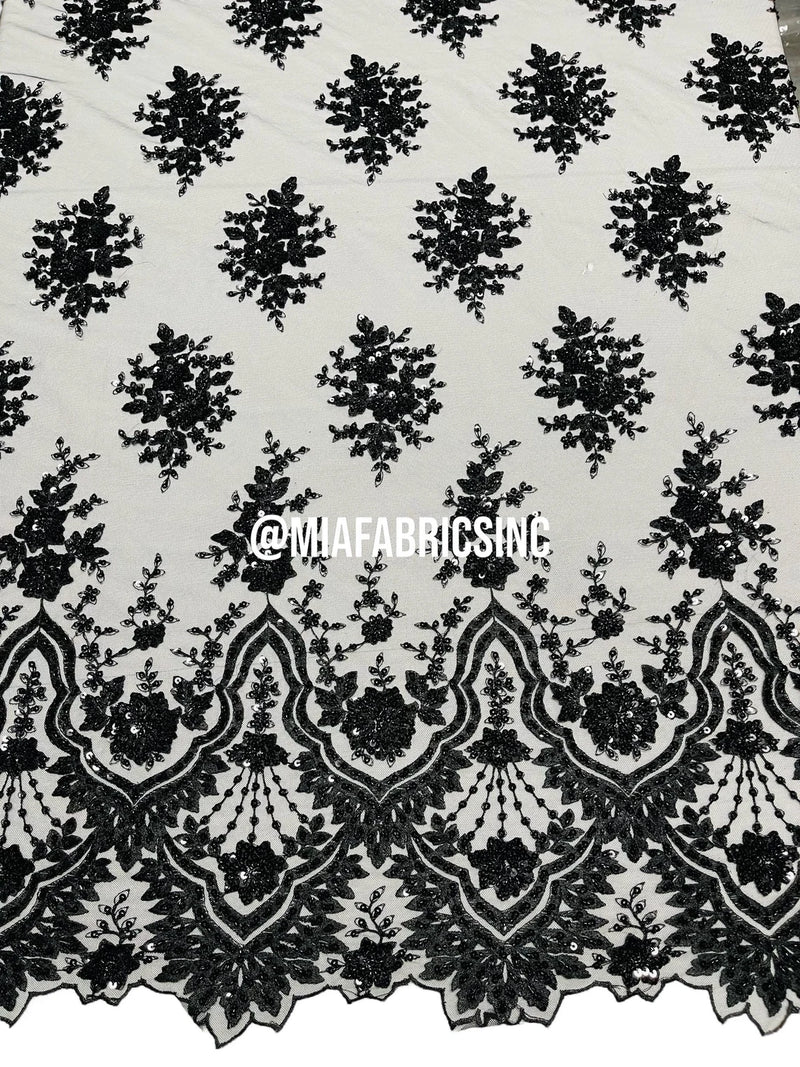 Round Flower Beaded Fabric - Black - Embroidered Fashion Design Beads and Sequins On Mesh by The Yard