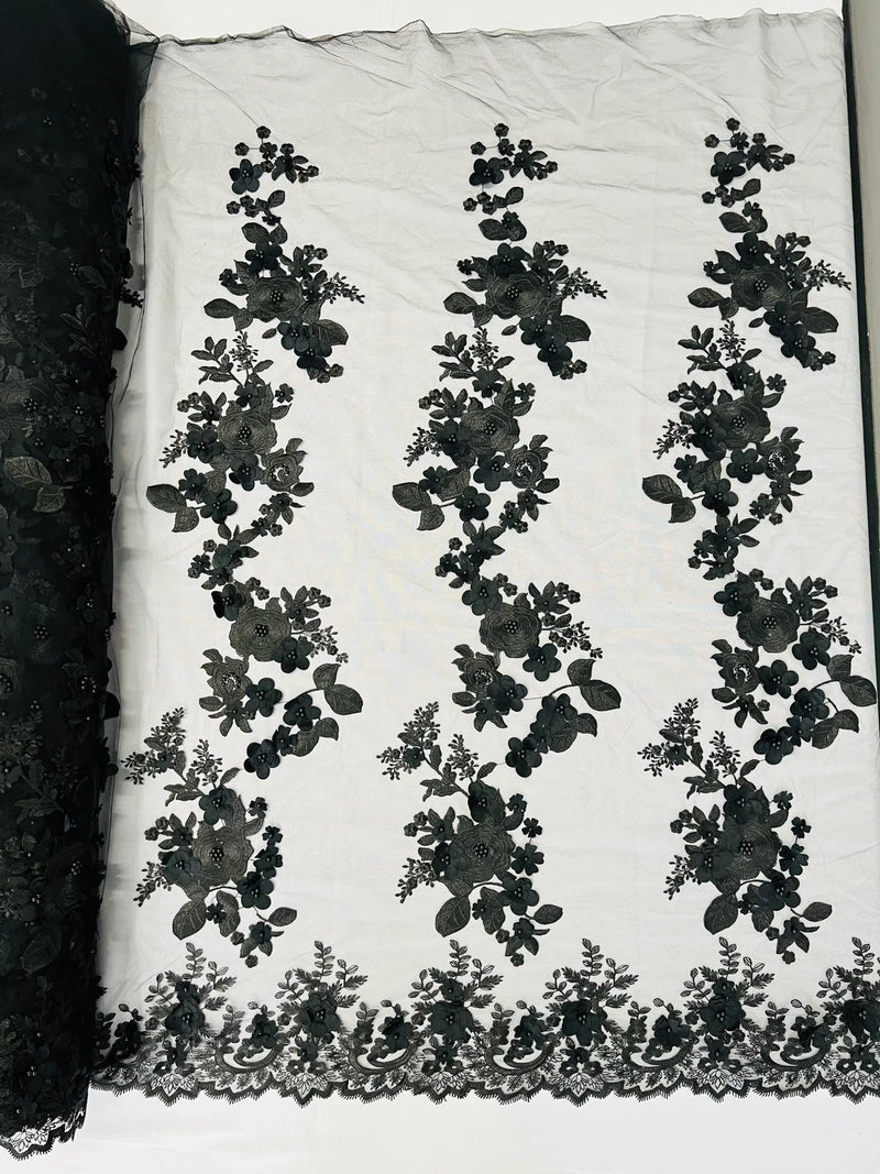 Floral 3D Rose Fabric - Black - Embroided Rose Flower Design Fabric Sold by Yard