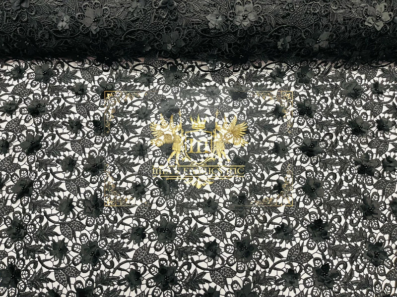 Guipure Floral Lace Fabric - Black - Floral Pearls Guipure Fabric Sold By Yard