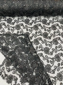 Corded Sequins Flower Lace - Black - Corded Floral Lace With Sequins Sold By Yard
