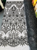 Beaded Fabric by yard - Black - Damask Pattern With Beads and Sequin, Appliqué Lace for Bridal and Prom Dress