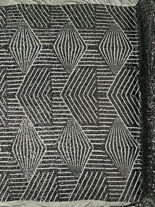 4 Way Stretch - Black - Geometric Design Sequins On Mesh Elegant Fabrics Sold By Yard