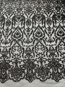 Damask Decor Sequins - Black - 4 Way Stretch Design High Quality Fabric By Yard