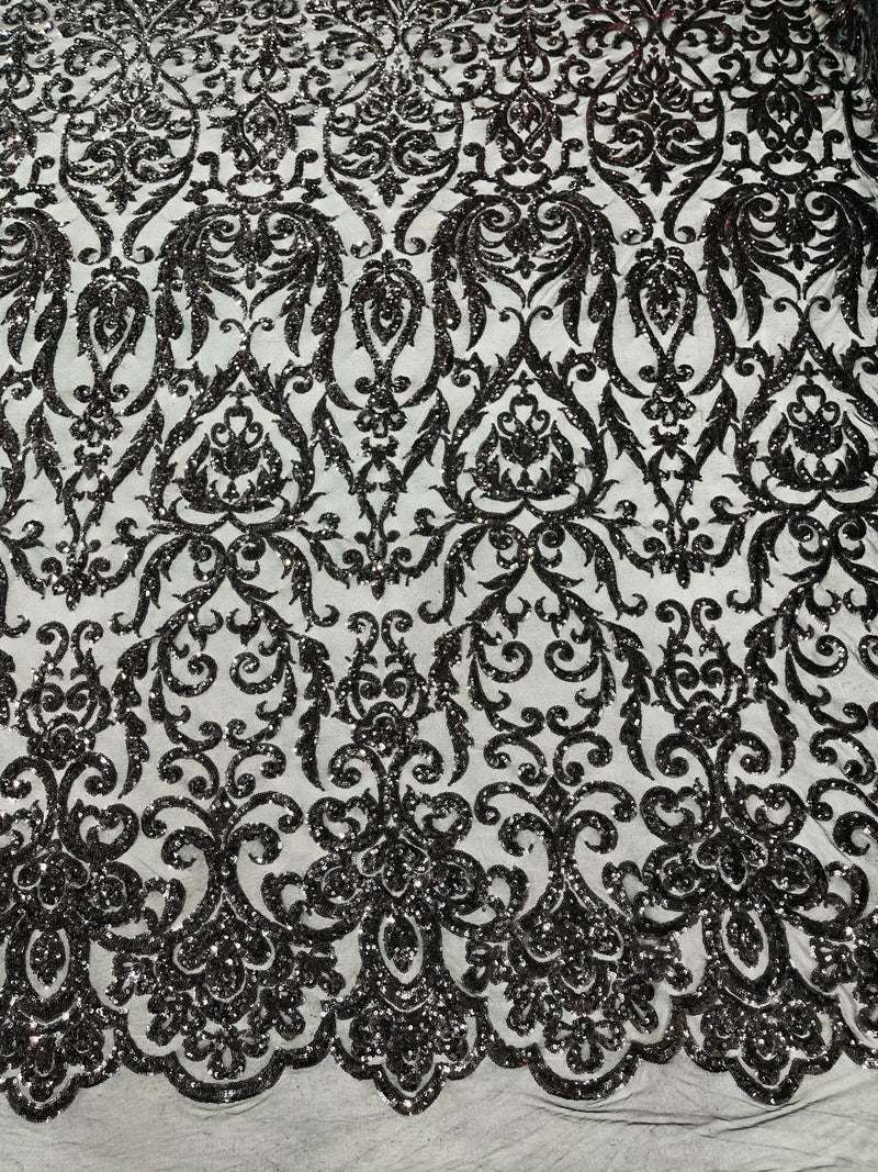 Damask Decor Sequins - Black - 4 Way Stretch Design High Quality Fabric By Yard
