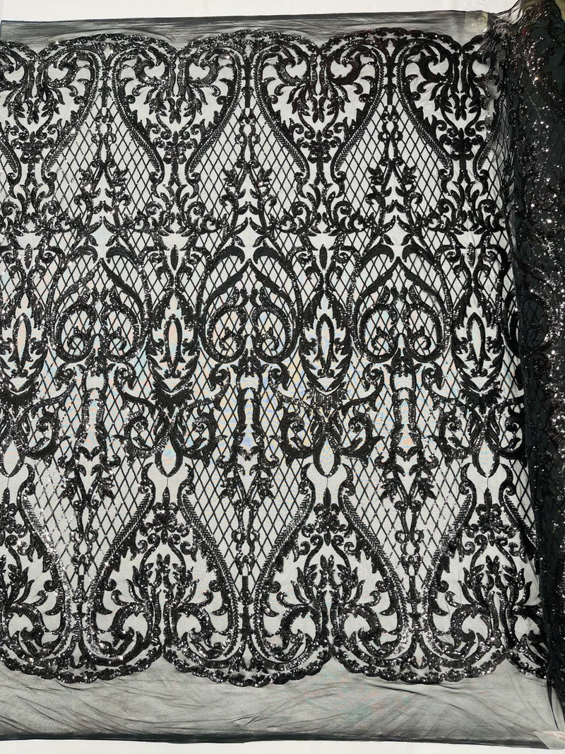 Heart Damask Sequins - Black - 4 Way Stretch Elegant Shiny Net Sequins Fabric By Yard