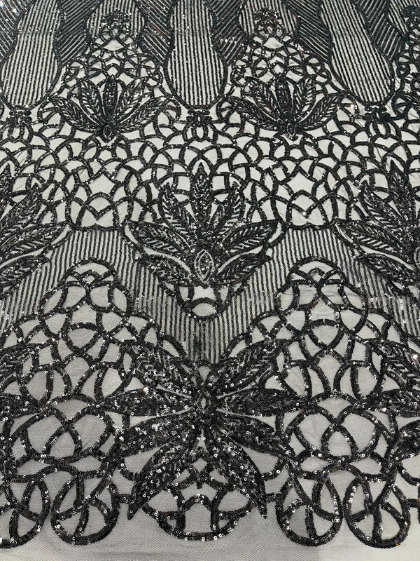 Elegant Floral Leaf Design - Black - 4 Way Stretch Sequins Lace Spandex Fabric By Yard