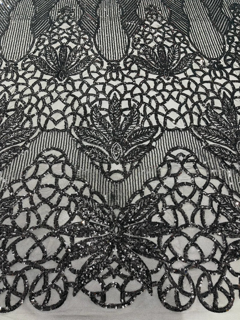Floral Pattern on Black Stretch Lace Fabric by The Yard