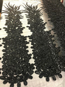 3D Beaded Peacock Feathers - Black - Vegas Design Embroidered Sequins and Beads On a Mesh Lace Fabric (Choose The Panels)