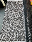 Beaded Leaf Designs Fabric - Black - Embroidered Beads in Leaves Pattern Sold By Yard