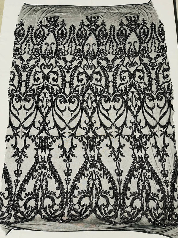 4 Way Stretch - Black - Sequins Damask Design Fabric Embroidered On Mesh Sold By The Yard