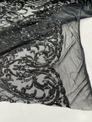 Heart Damask Sequins - Black - 4 Way Stretch Elegant Shiny Net Sequins Fabric By Yard