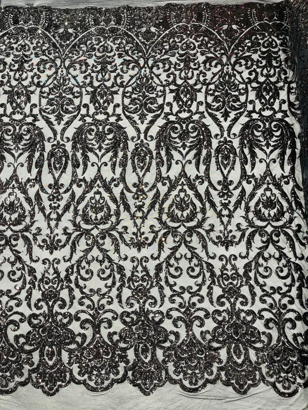 Damask Decor Sequins - Black - 4 Way Stretch Design High Quality Fabric By Yard