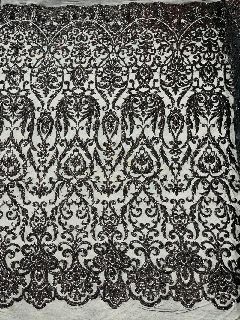 Damask Decor Sequins - Black - 4 Way Stretch Design High Quality Fabric By Yard