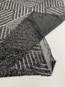 4 Way Stretch - Black - Geometric Design Sequins On Mesh Elegant Fabrics Sold By Yard