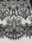 Beaded Fabric by yard - Black - Damask Pattern With Beads and Sequin, Appliqué Lace for Bridal and Prom Dress